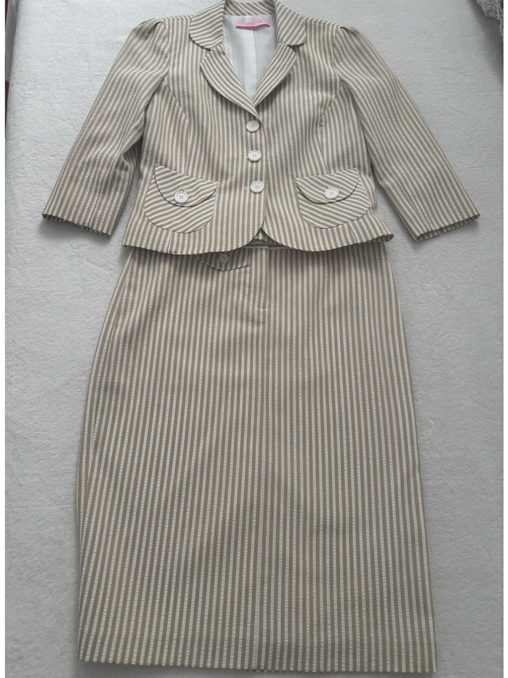 Preview Collection Cream and White Striped Midi Skirt Suit
